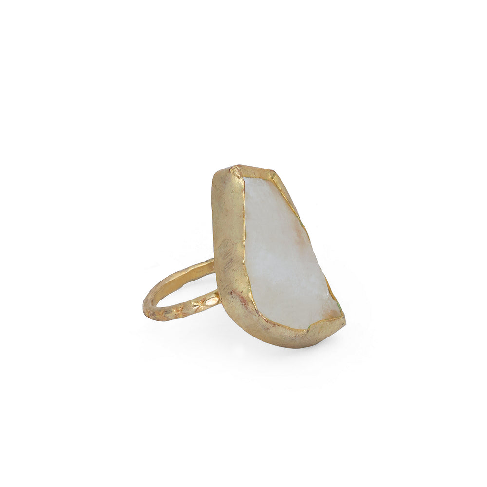 White Crystal Ring In Brass: 18K Gold Plated