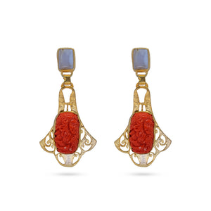 Red stone Carved Earrings: 18K Gold Plated