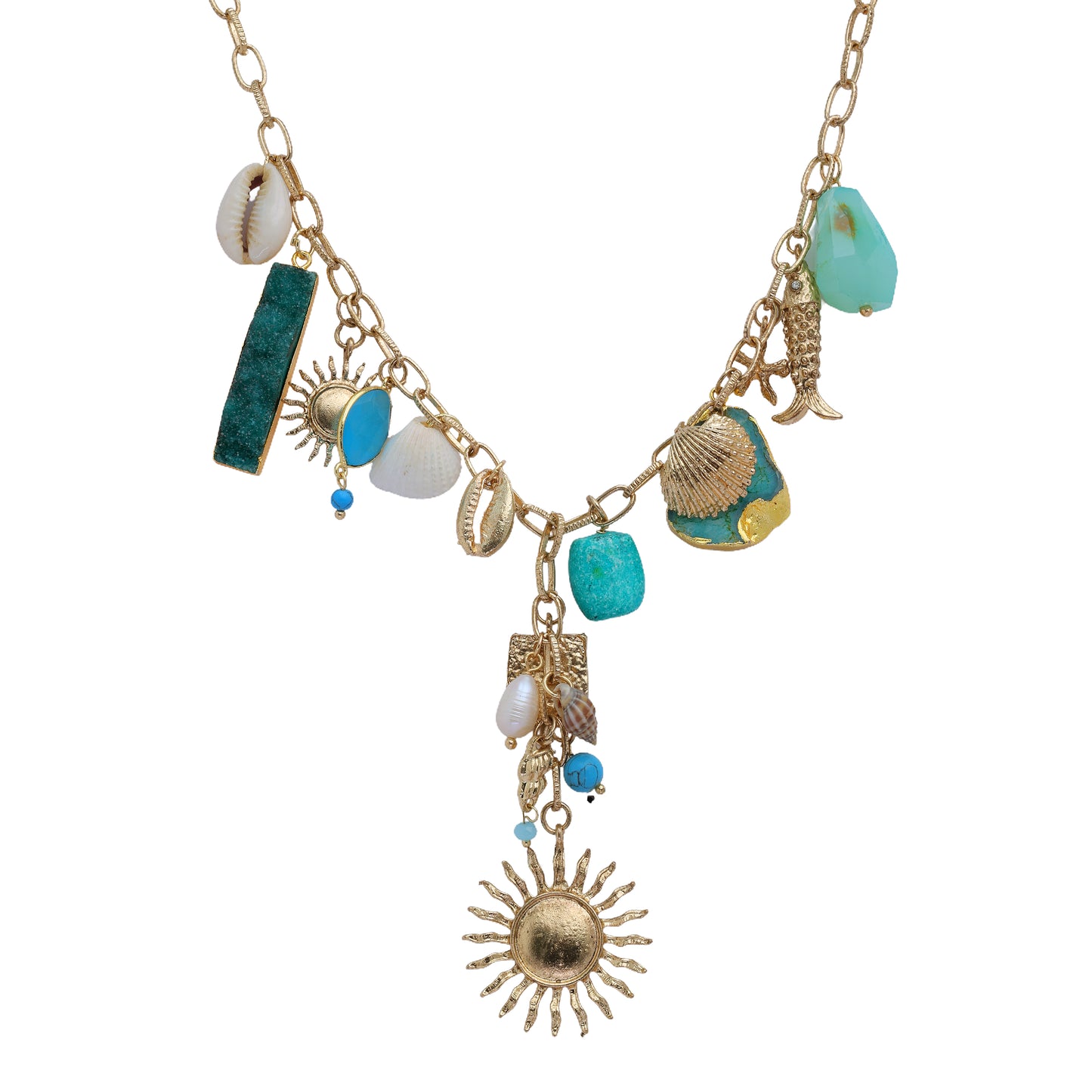 Blue Multi Charm Necklace with Sun Pendant