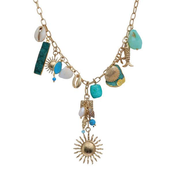 Blue Multi-Charm Necklace with Sun Pendant: 18K Gold Plated