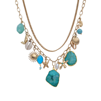 Beachy Charm Blue Natural Stone Necklace in Brass