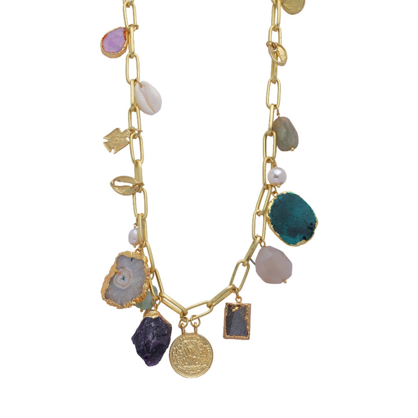 Natural Stone Coin Statement Charm Necklace in Matt Gold Finish