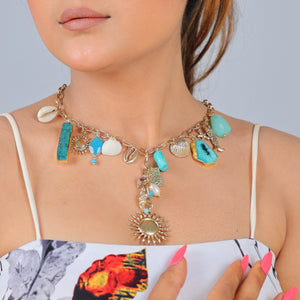 Blue Multi-Charm Necklace with Sun Pendant: 18K Gold Plated