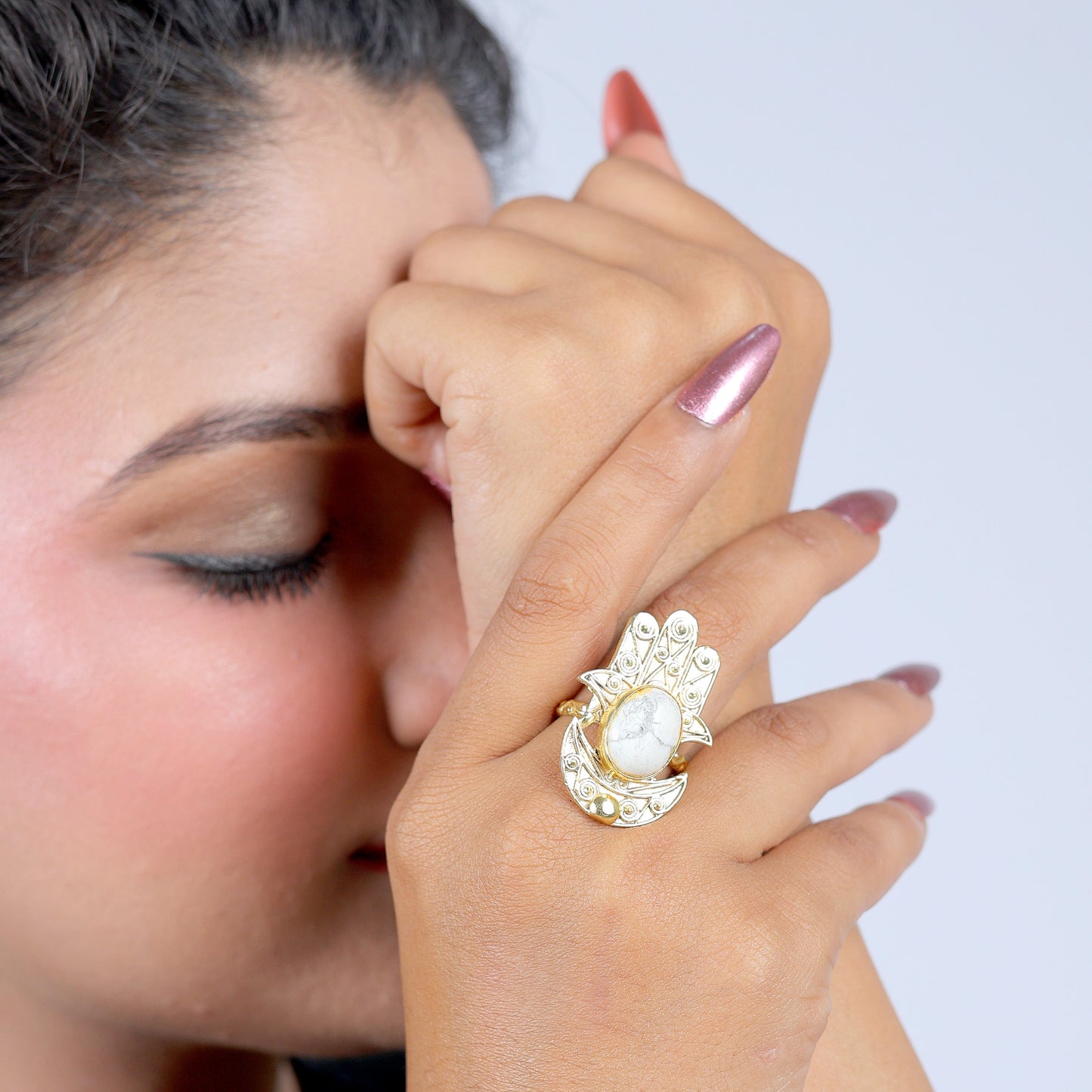 Hamsa Ring with White Stone