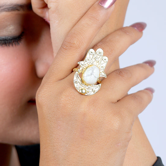 Hamsa Ring with White Stone