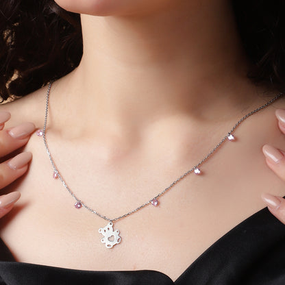 Adorable Elegance: Silver Necklace with Teddy Charm and Pink Accents