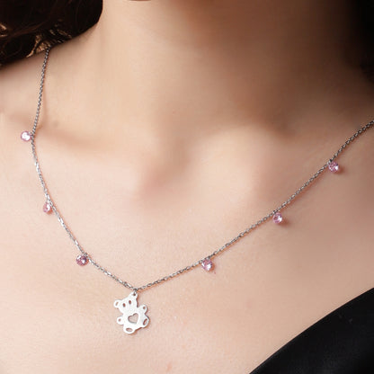 Adorable Elegance: Silver Necklace with Teddy Charm and Pink Accents