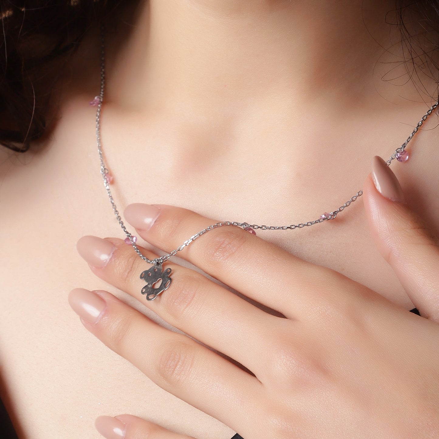 Adorable Elegance: Silver Necklace with Teddy Charm and Pink Accents