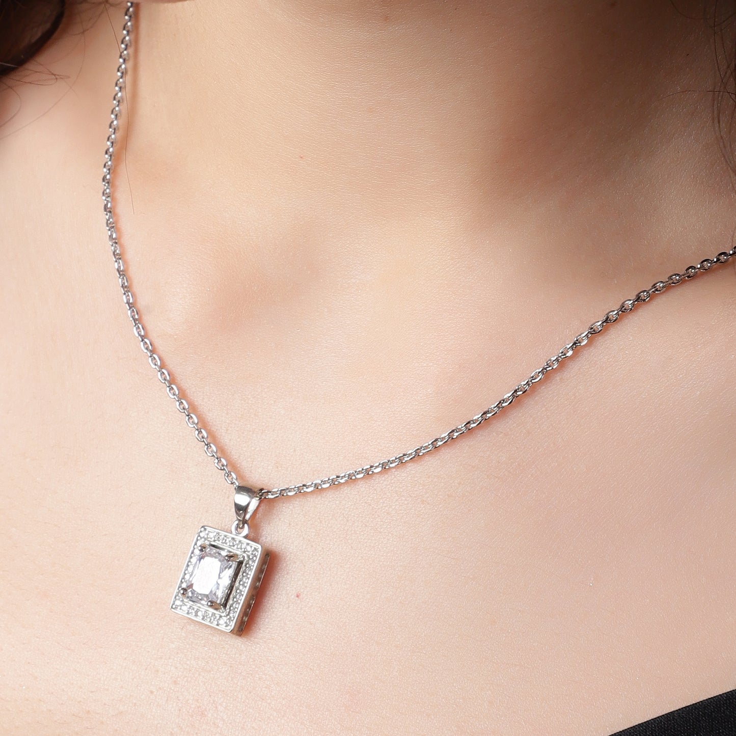 Royal Radiance: Crystal-Framed Silver Square Pendant