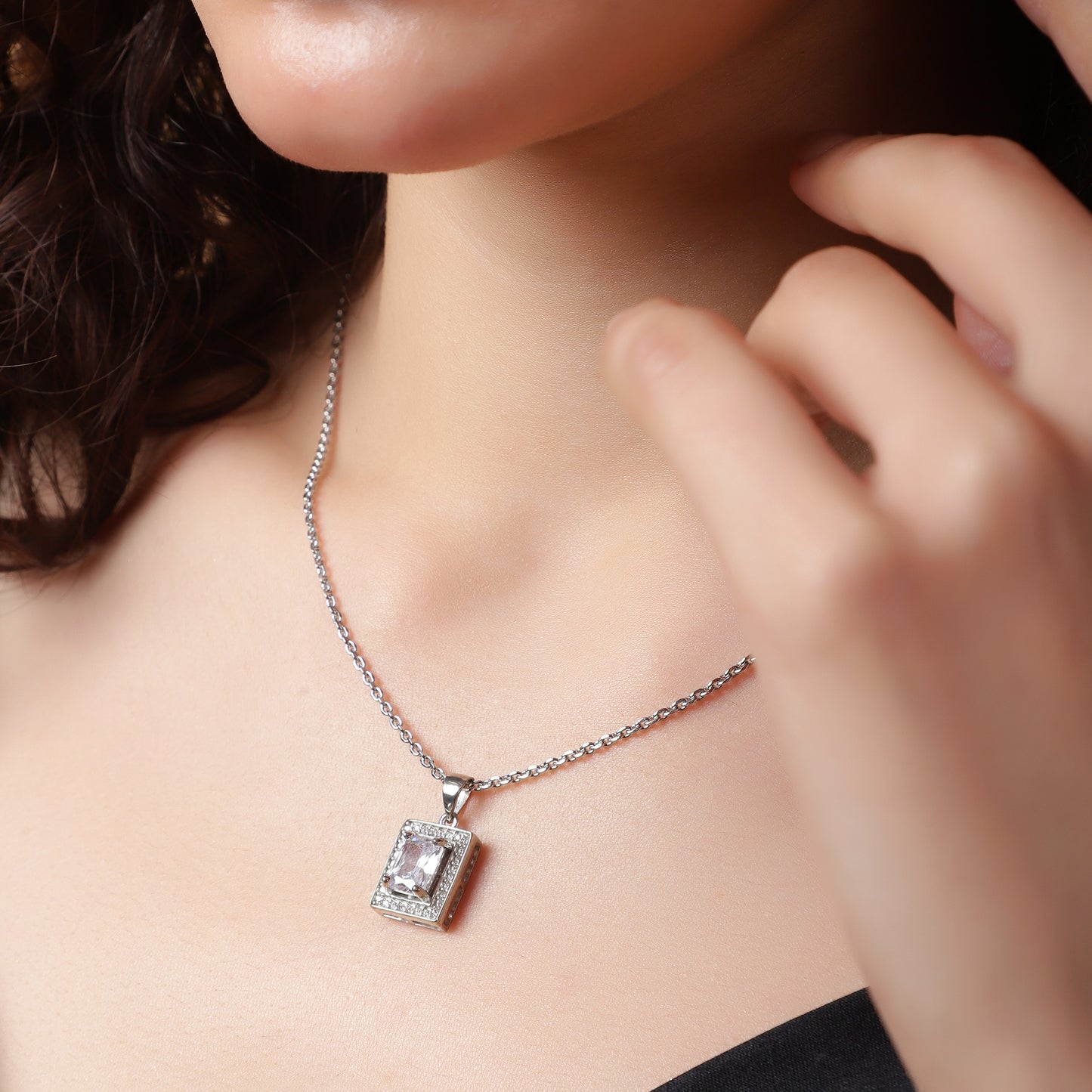 Royal Radiance: Crystal-Framed Silver Square Pendant