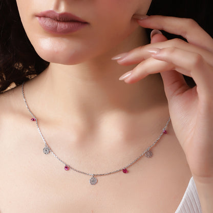 Dancing Medallions: Ruby & Silver Charm Station Necklace