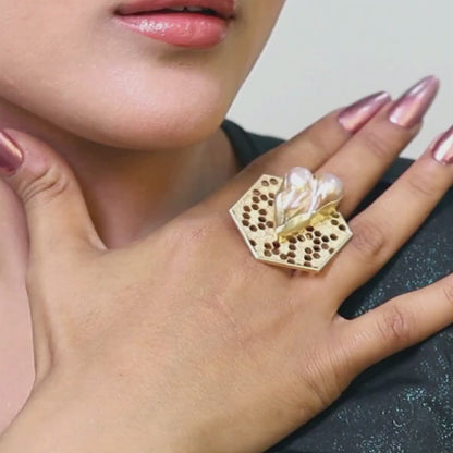 Honey Comb Ring With White Stone