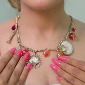 Resort Multi Coral Red Natural Stones Necklace: 18K Gold Plated